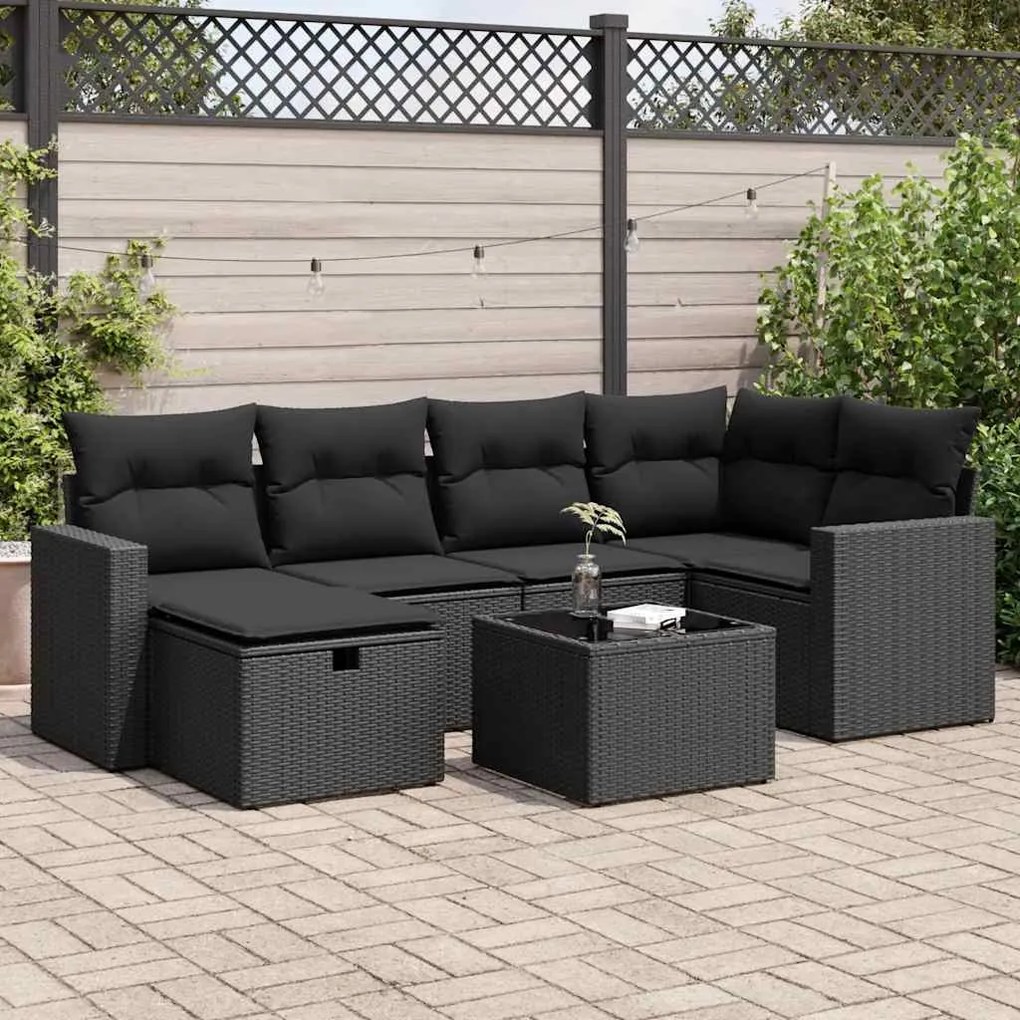 vidaXL 7 pcs conjunto de sofás p/ jardim c/ almofadões vime PE preto