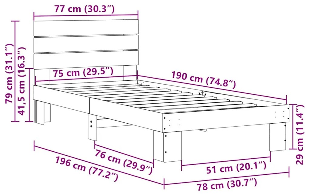Estrutura cama cabeceira sem colchão 75x190 cm maciça carvalho