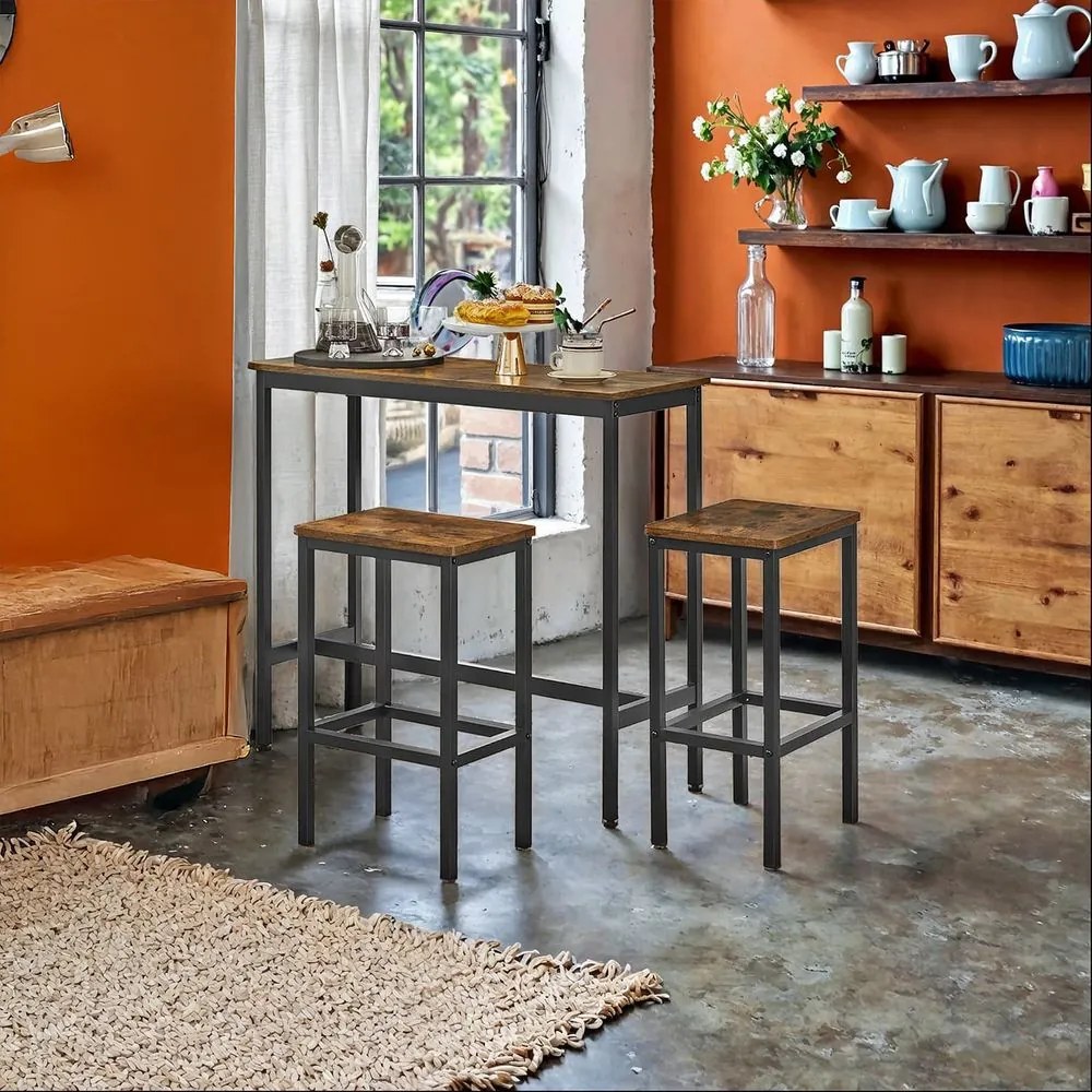 Conjunto mesa de bar com 2 bancos altos, mesa alta com conjunto de bancos castanho-preto