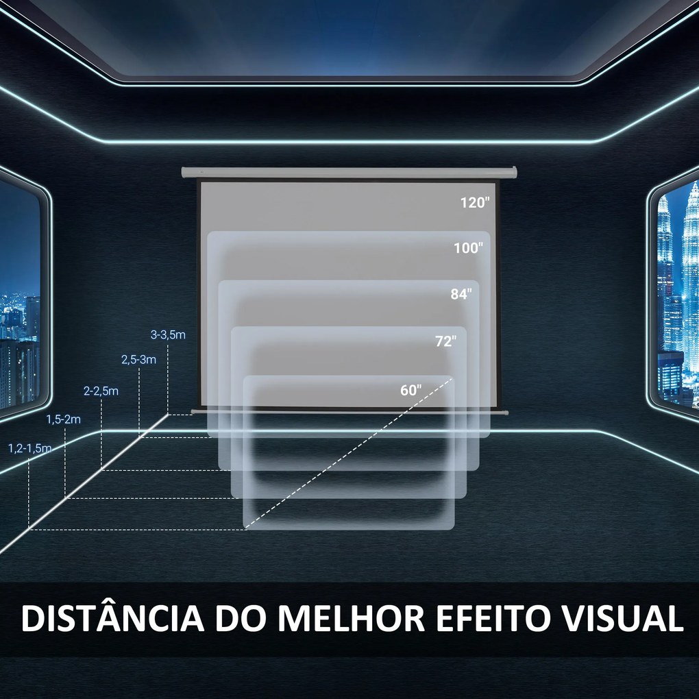 Tela de Projeção Elétrica 100 Polegadas Tela de Projeção Motorizada Formato 16:9 com Controlo Remoto para Cinema am Casa Exterior Festas 253x7,5x168cm