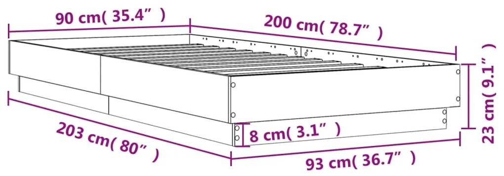 Estrutura de cama 90x200cm derivados de madeira carvalho sonoma