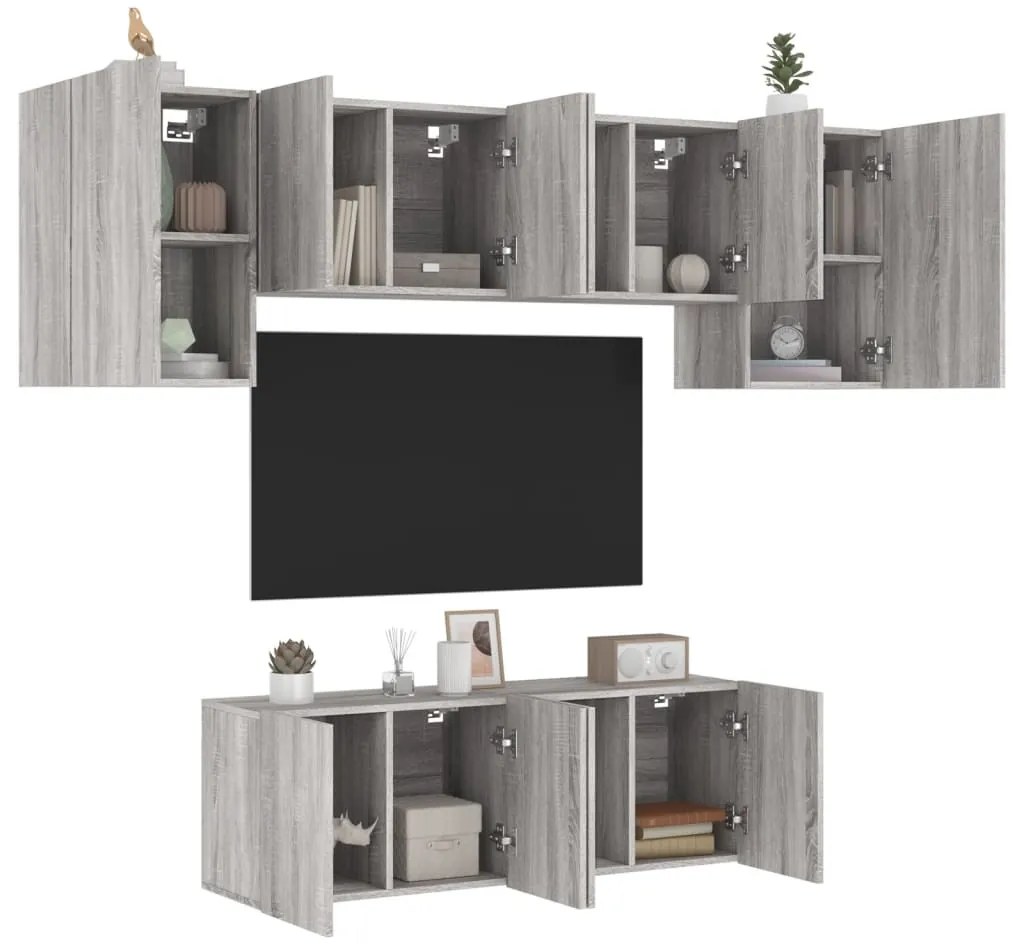 6 pcs móveis de parede p/ TV derivados de madeira cinza sonoma