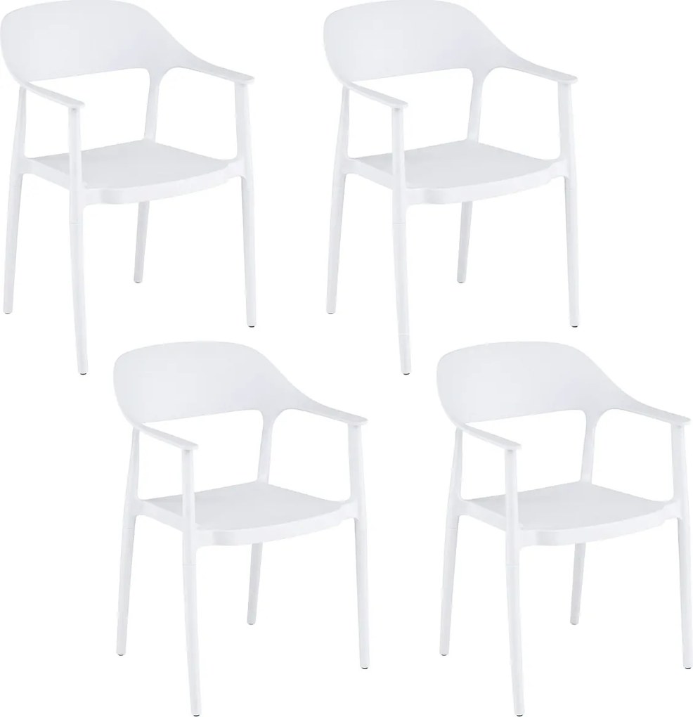 Conjunto de 4 cadeiras de jantar em plástico com encosto curvo, braços e assento amplo; para uso interior e exterior, na sala, terraço ou jardim branc
