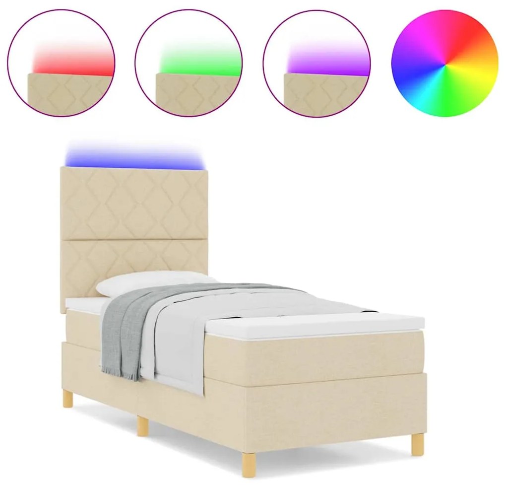 Cama Box Spring com Colchão &amp; LED Creme 90x200 cm Tecido