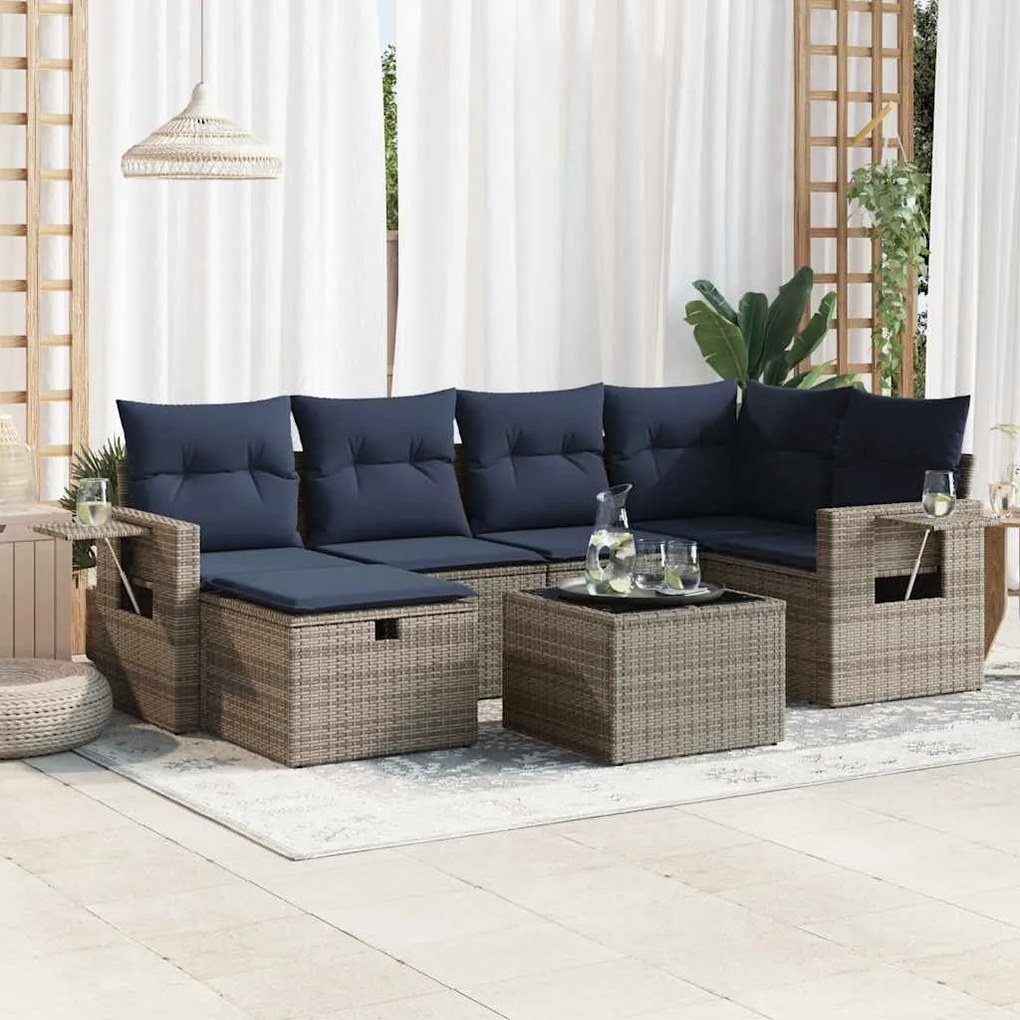 7 pcs conjunto sofás p/ jardim c/ almofadões vime PE cinzento