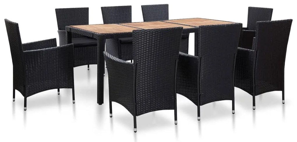 vidaXL 9 pcs conjunto jantar exterior com almofadões vime PE preto