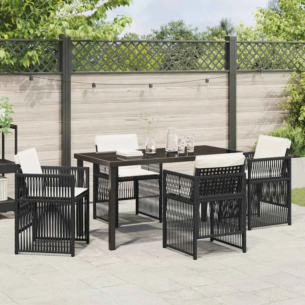 Conjunto de jantar de jardim com 5 peças e almofadas pretas e de ratta