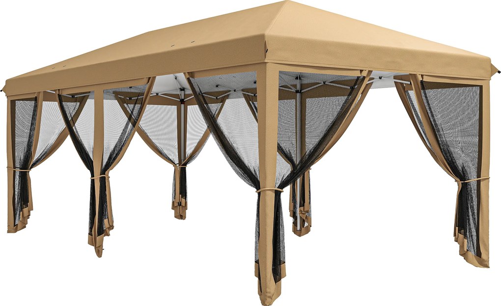 Outsunny Tenda para Festas 6x3 m Tenda de Jardim com 6 Mosquiteiros Bolsa de Transporte e Estrutura de Aço para Campismo Festas Bege | AOSOM Portugal