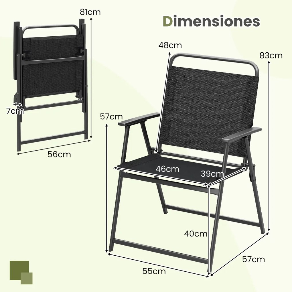 Conjunto de 2 cadeiras dobráveis com estrutura metálica, encosto e apoios para os braços, carga 150 kg, para terraço, varanda ou praia Preto
