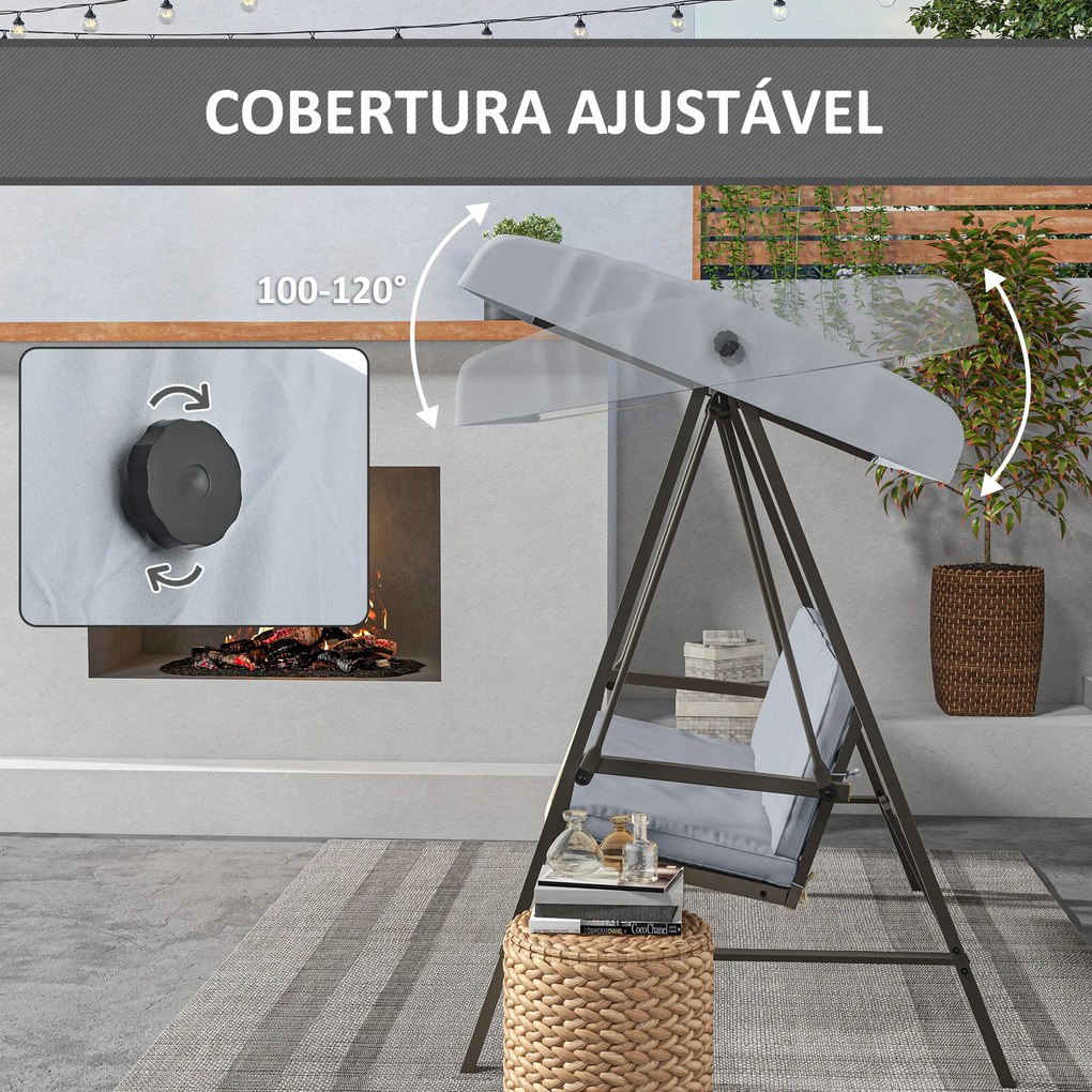 Baloiço de Jardim de 3 Lugares com Toldo Ajustável Almofadas Removíveis e Estrutura de Aço 200x125x175 cm Cinza