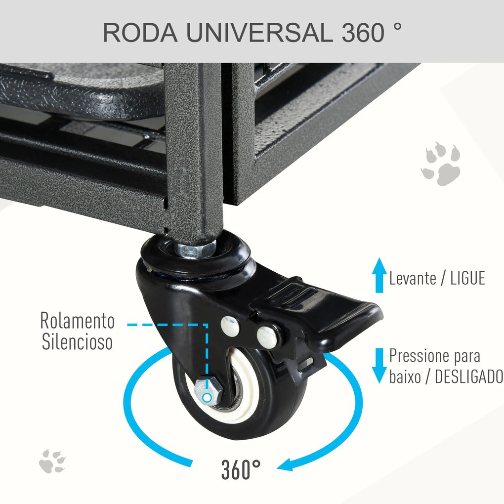 Gaiola dobrável de metal com rodas e freios Bandeja removível e porta com travas125x76x81 cm Cinza escuro