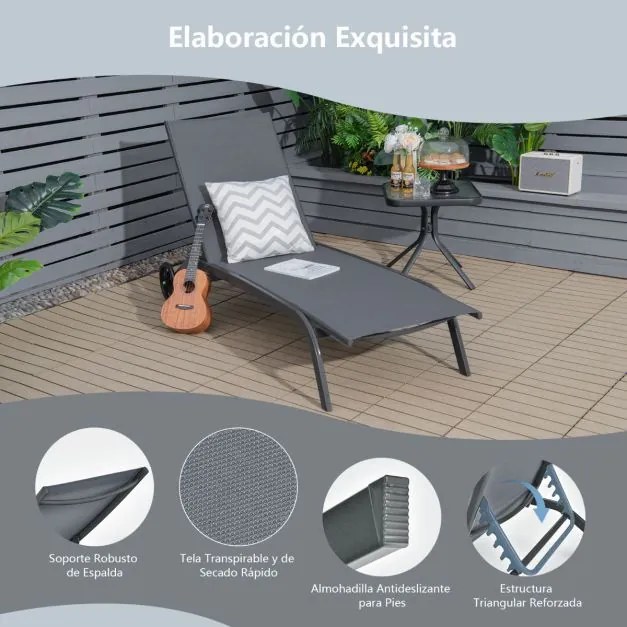 Espreguiçadeira ajustável para jardim com rodas e tecido de secagem rápida Cadeira reclinável de 6 posições para piscina exterior Pátio Jardim Cinzent