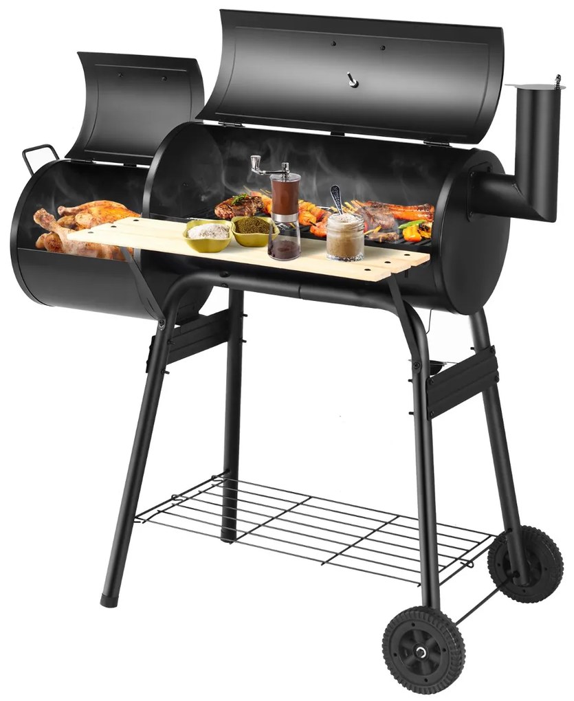 Grelhador a carvão para churrasco com prateleira lateral para fumeiro alças de madeira duas rodas 115 x 65 x 108 cm preto