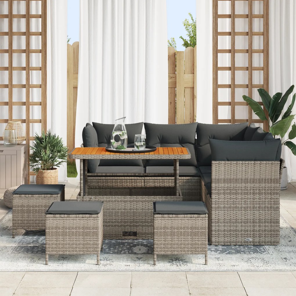 Conjunto de Sofá de Jardim vidaXL 9 Peças com Almofadas Cinza Polirata