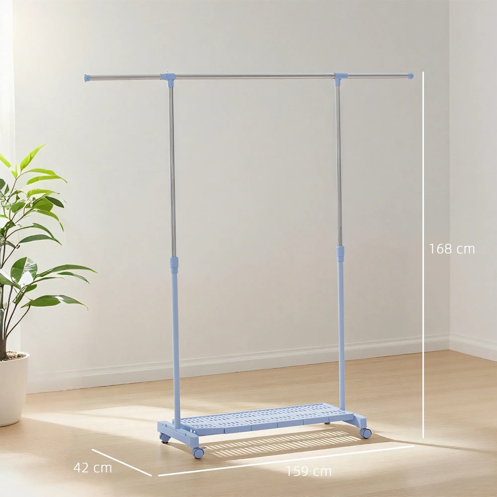 Guarda Roupa com Rodas com Barra de Aço Inoxidável e Prateleira para Sapatos Altura Ajustável 94-159x42x93-168 cm Azul