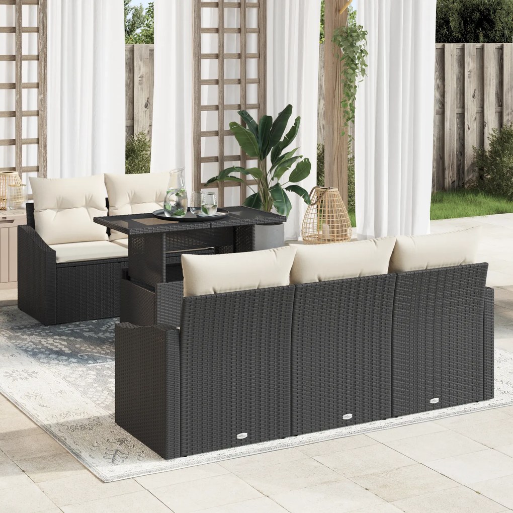 Conjunto de Sofás de Jardim com 6 Peças e Almofadas Preto Rattan