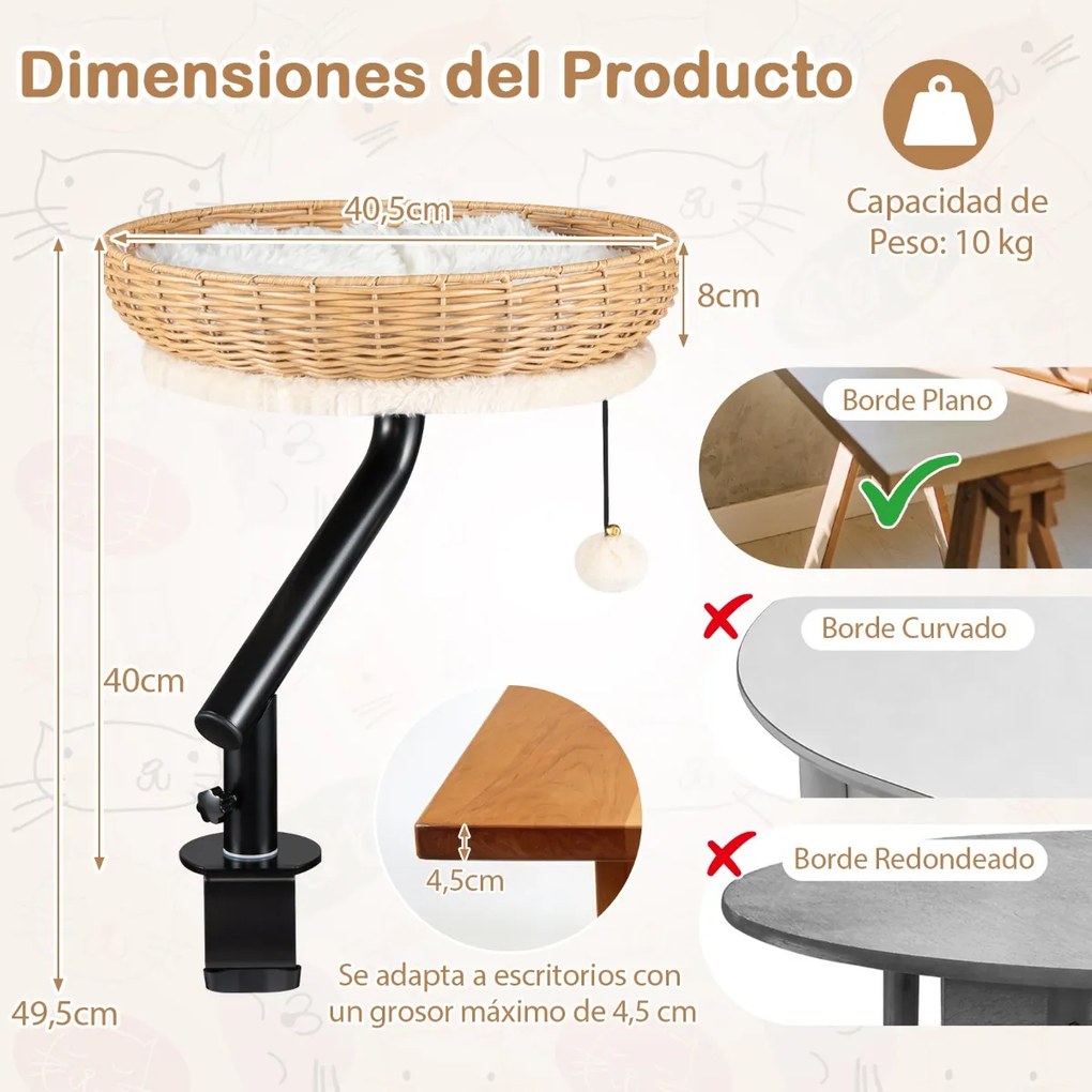 Cama-rede para gatos giratória de 360° para gatos 40,5 x 49,5 cm, em rattan, com almofada removível e bola suspensa, para secretária, escritório ou ca