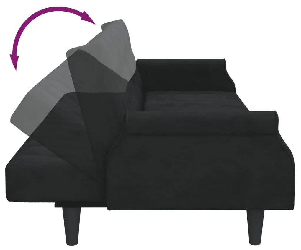 Sofá-cama 2 lugares c/ almofadas e apoio de pés veludo preto