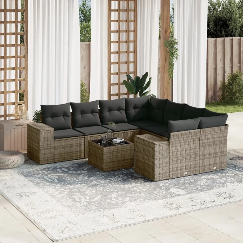 9 pcs conjunto sofás p/ jardim com almofadões vime PE cinzento