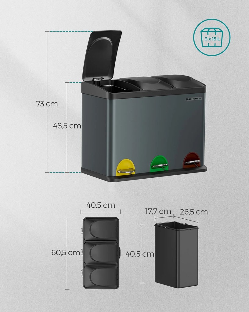 Caixote do lixo 3 x 15 litros com tampa e recipiente interior cinzento fumo-preto