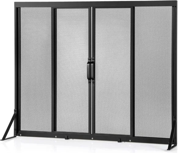 Proteção frontal para lareira 96 x 79 cm com portas deslizantes e corta-fogo independente com tela metálica fácil de montar Preto