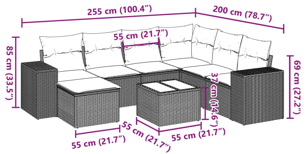 8 pcs conjunto de sofás p/ jardim com almofadões vime PE bege
