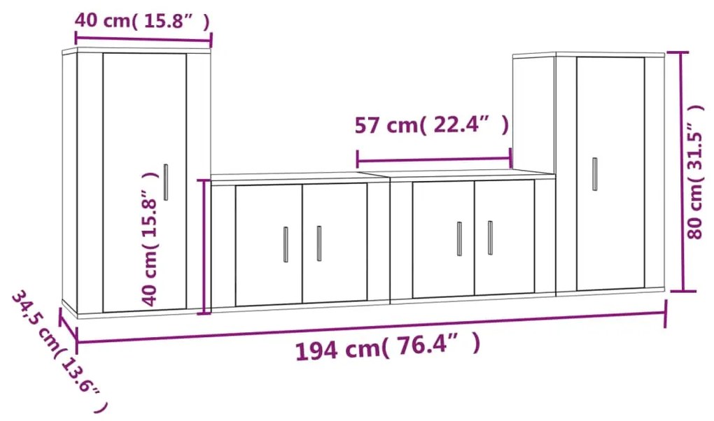 4 pcs conjunto móveis de TV madeira processada branco brilhante