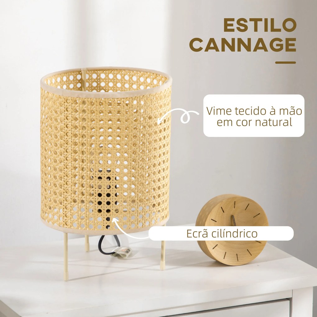 Candeeiro de Mesa Candeeiro de Mesa de Cabeceira Lâmpada E27 Máx. 40W com Ecrã de Vime Sintético Tecido a Mão para Dormitório Escritório Ø20x30,5cm Na