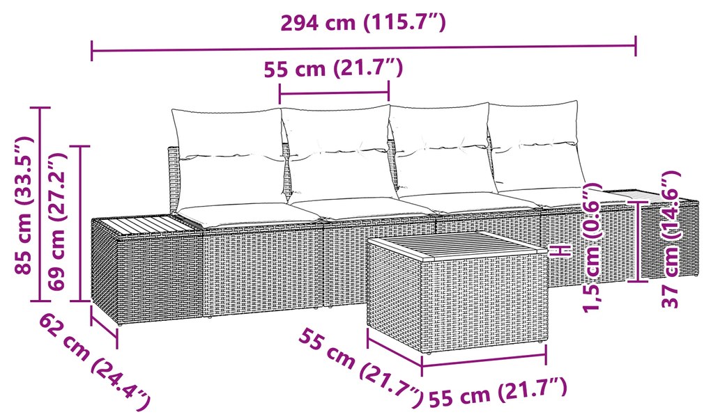 Conjunto de Sofá de Jardim vidaXL 5 Peças com Almofadas Cinza Rattan S