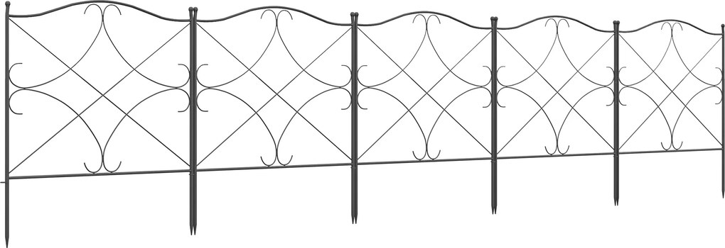 Conjunto de 5 cercas decorativas de jardim em metal com ornamentos, 305 x 62 cm, preto