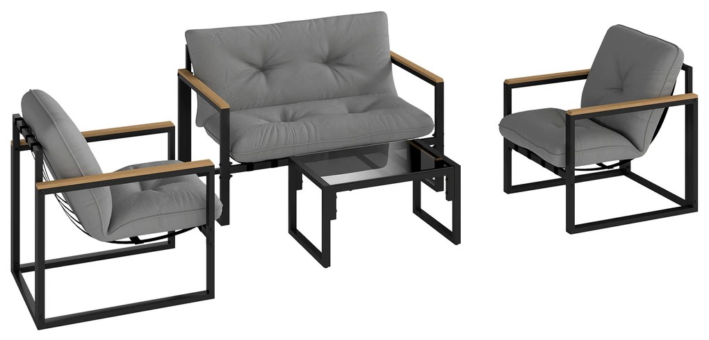 Conjunto de Jardim de 4 Peças com 2 Poltronas e 1 Sofá de 2 Lugares com Almofadas e Mesa de Centro Cinzento e Preto