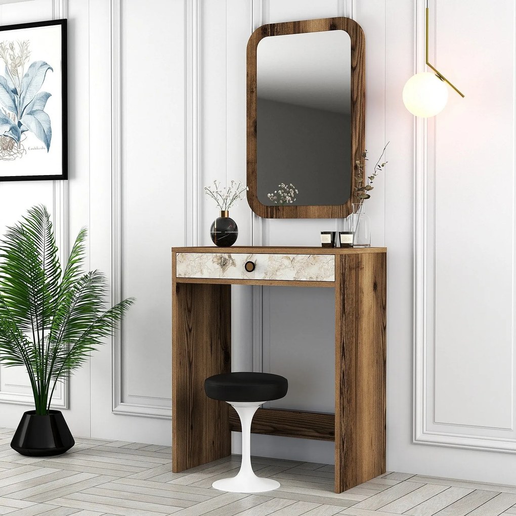 Mesa de Maquilhagem Lizbon Mirror – Nogueira/Branco/Mármore – 70x40x84