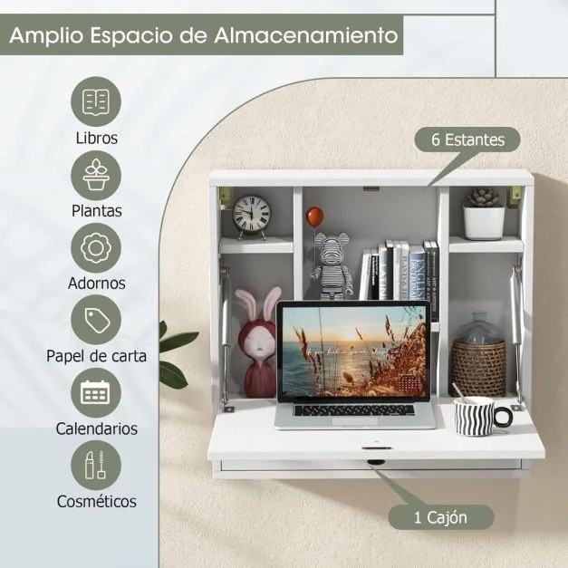 Secretária dobrável de parede com prateleira 60 cm x 15 cm x 57 cm, gaveta e tampo rebatível multiusos para escritório, quarto ou sala Branco