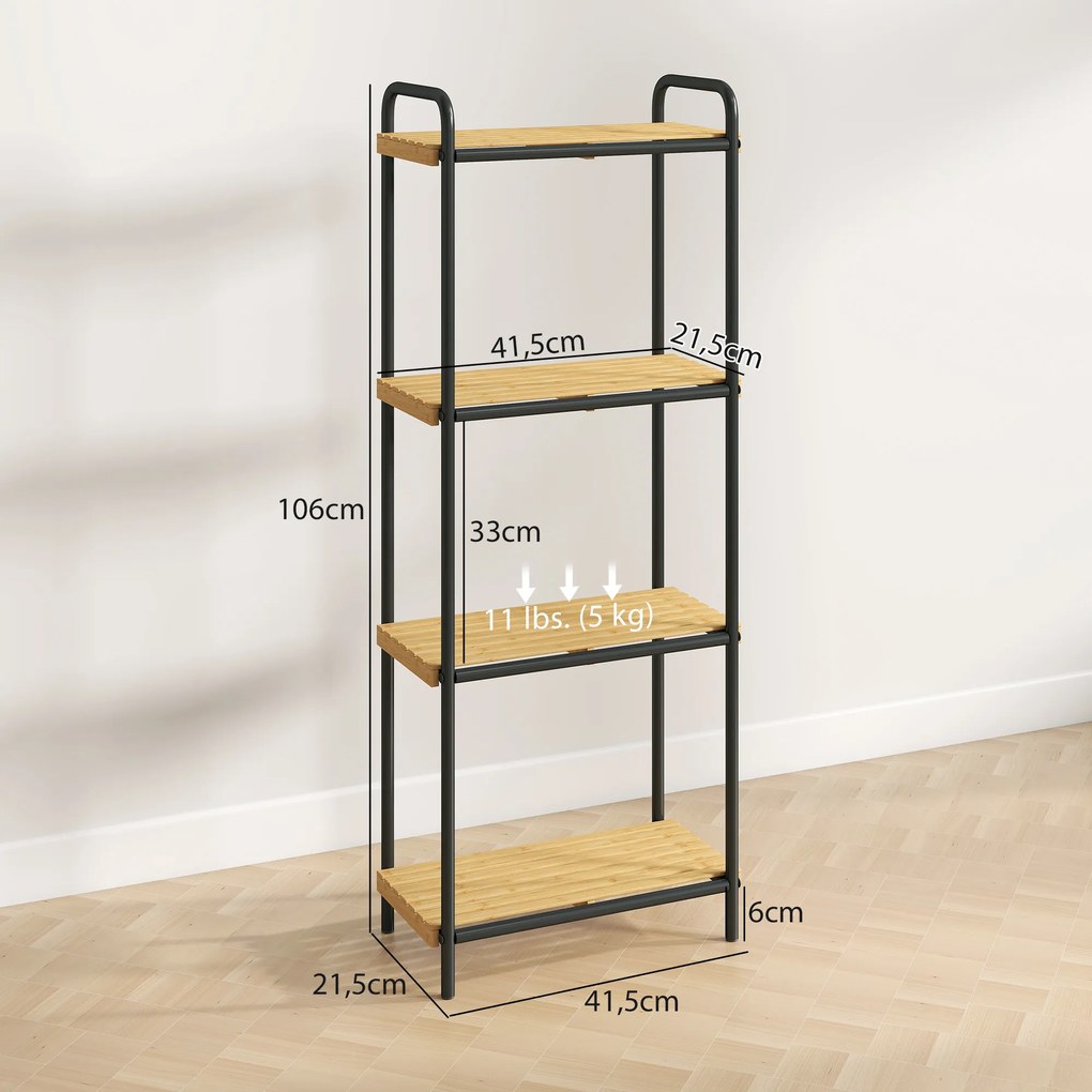 Estante de Casa de Banho de Bambu de 3 Níveis Estante de Armazenamento com 3 Prateleiras Ripas e Estrutura de Aço 41,5x21,5x106 cm Madeira e Preto