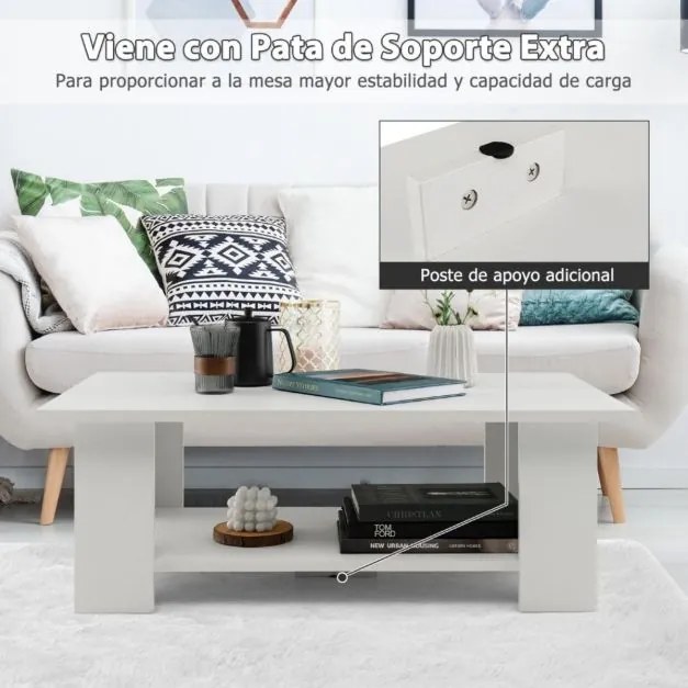 Mesa de centro moderna com prateleira aberta de madeira para sala 90 x 52 x 40 cm branca