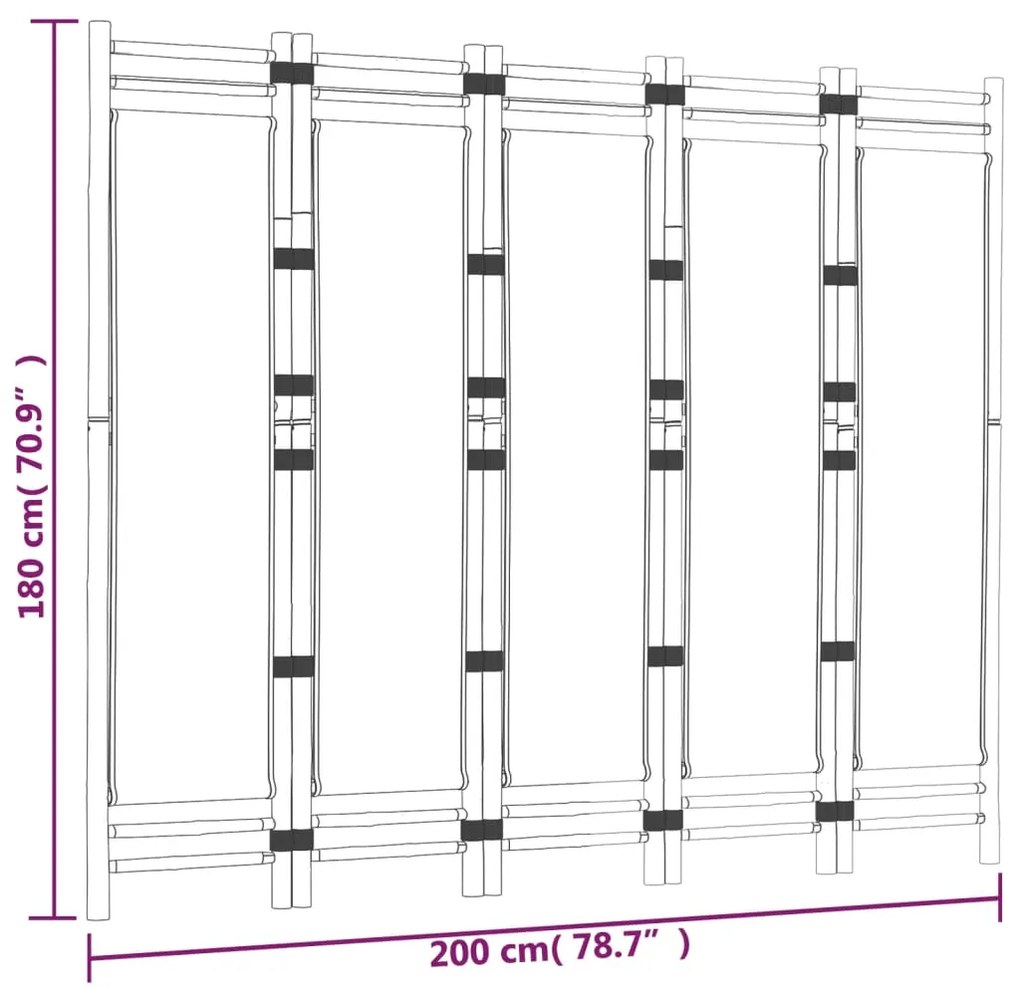 Divisória/biombo com 5 painéis dobráveis 200 cm bambu e lona