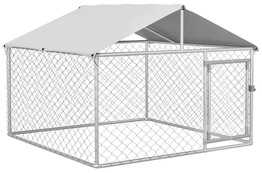 PawHut Canil de Exterior para Cães Médios Gaiola para Cães com Fechadura Toldo Impermeável e Anti-UV 200x200x150 cm Prata