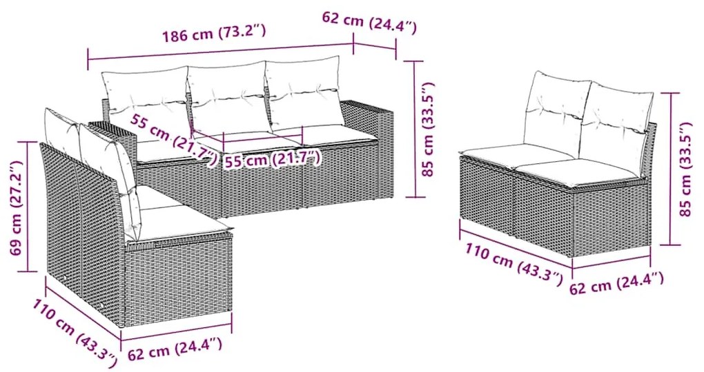 7 pcs conjunto de sofás jardim c/ almofadões vime PE castanho