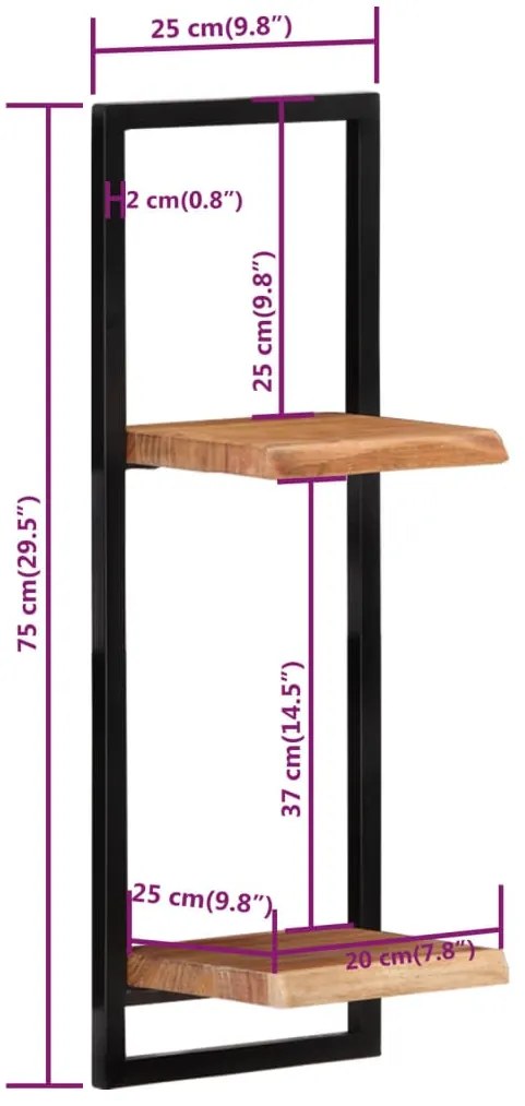 Prateleiras de parede 2 pcs 25x25x75 cm acácia maciça e aço
