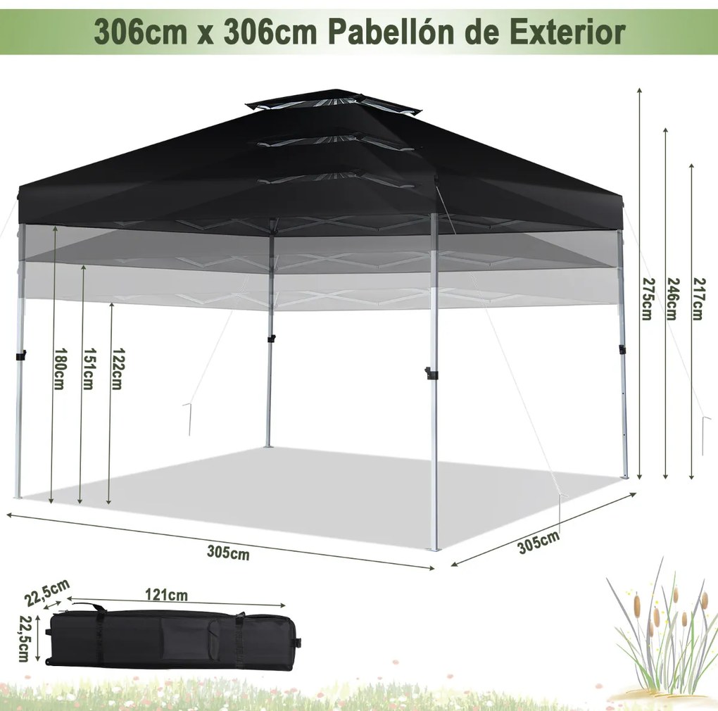 Tenda dobrável 3x3 m Pop Up Tenda para 8 pessoas  com telhado duplo altura ajustável Praia Jardim Pátio Preta