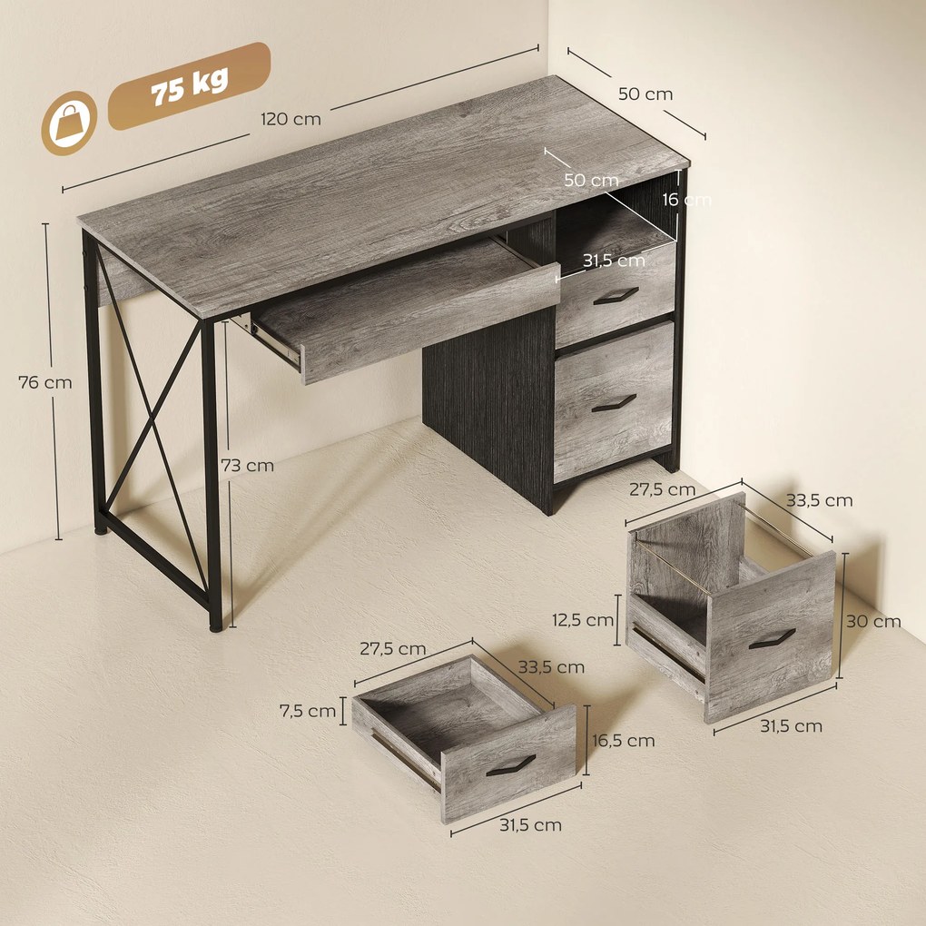 Secretária para computador, 120×50 cm, com espaço de arrumação, suporte para teclado, compartimento aberto e 2 gavetas, cinzenta