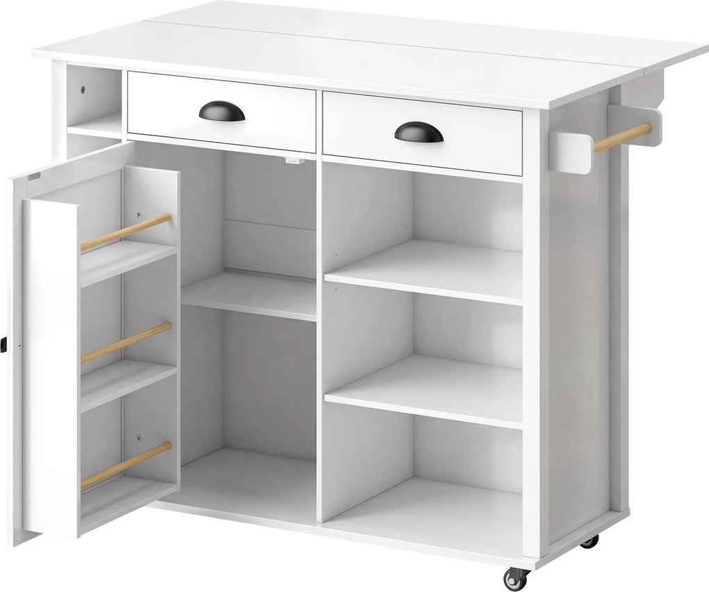 HOMCOM Ilha de Cozinha com Bancada Dobrável Rodas Armário 2 Gavetas e Prateleiras Abertas 117,5x70x91 cm Branco | Aosom Portugal