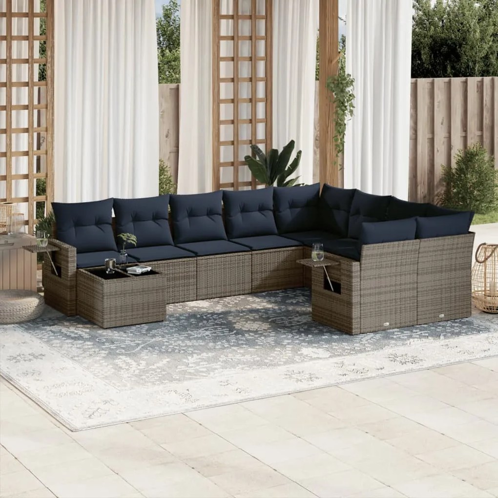 vidaXL 10 pcs conjunto sofás p/ jardim c/ almofadões vime PE cinzento