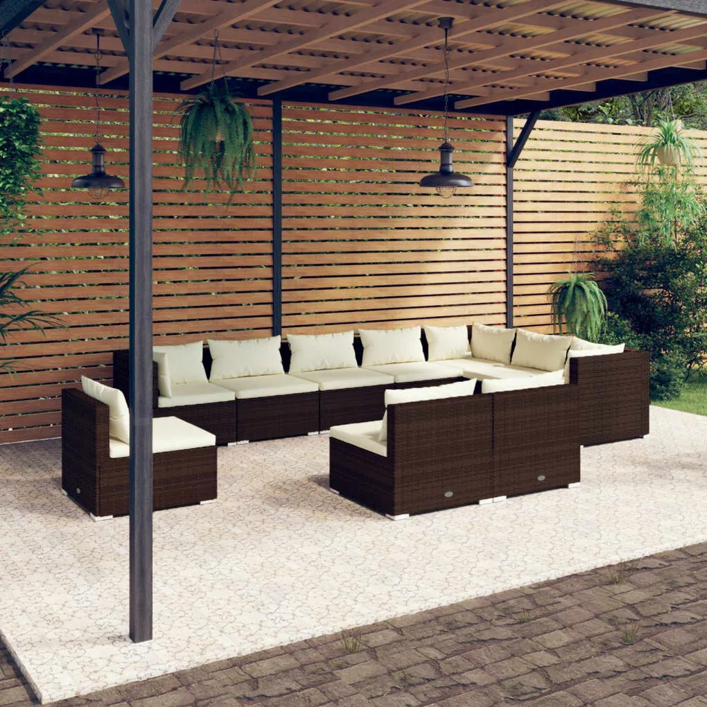 vidaXL 10 pcs conjunto lounge jardim c/ almofadões vime PE castanho