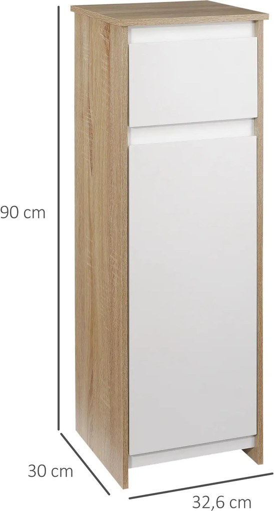 Armário Casa de Banho Baixo Armário de Madeira com Gavetas e 2 Prateleiras para Sala de Estar Dormitório Cozinha 32,6x30x90cm Natural e Branco