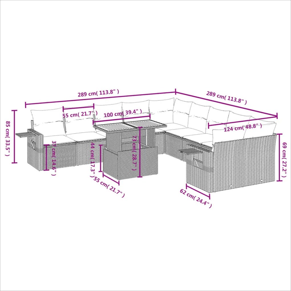 11 pcs conjunto sofás de jardim c/ almofadões vime PE bege