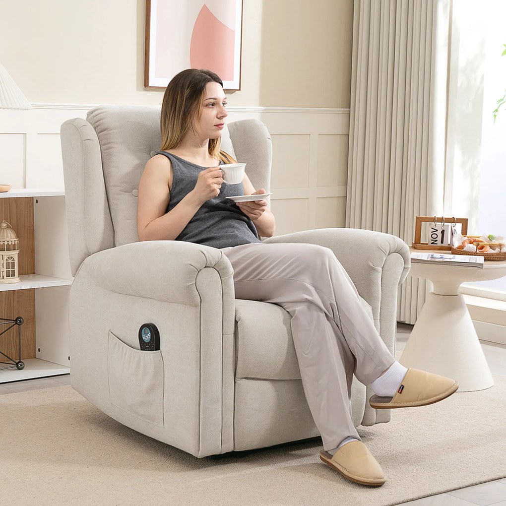 Poltrona relaxante elétrica com função de massagem e aquecimento, com encosto e apoio para os pés ajustáveis manualmente, bolso lateral, bege