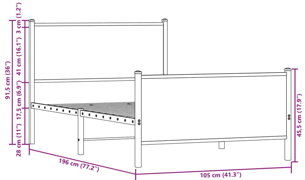 Estrutura de cama sem colchão 100x190 cm metal carvalho fumado