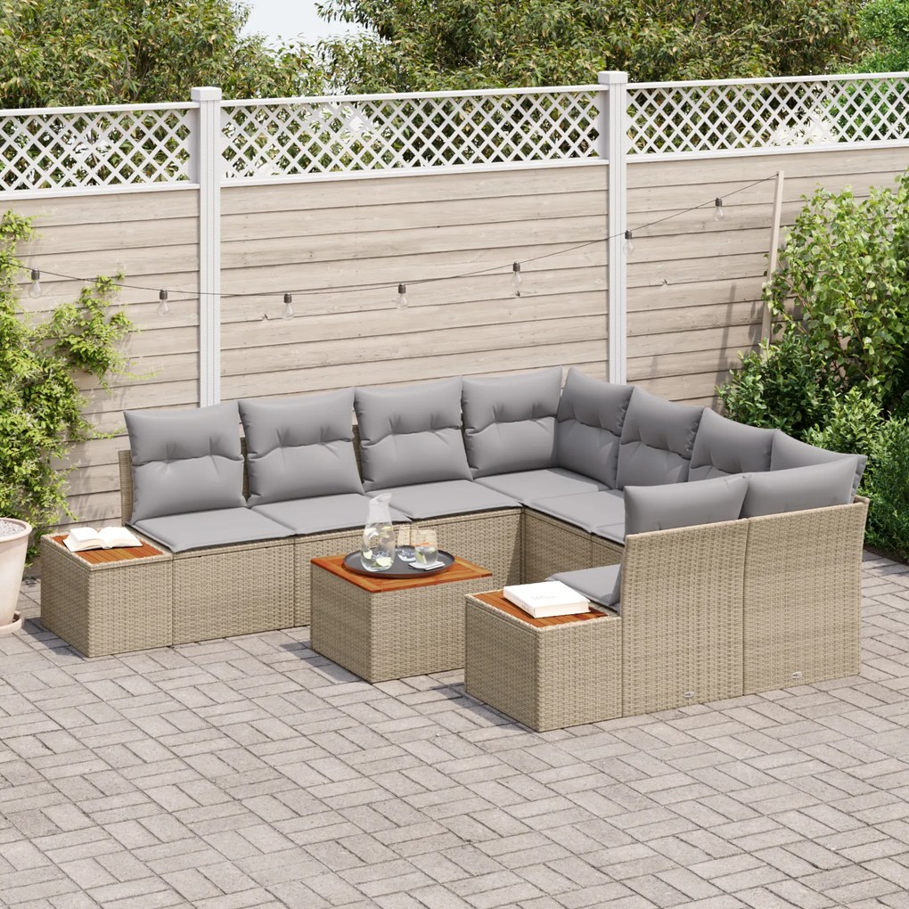 Conjunto de Sofá de Jardim vidaXL 9 Peças com Almofadas Bege Rattan Po