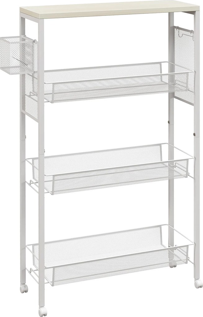 HOMCOM Carrinho de Cozinha com Rodízios Carrinho de Arrumação com 3 Cestos 1 Cesto Suspenso e Ganchos 58x18,5x87 cm Branco | Aosom Portugal